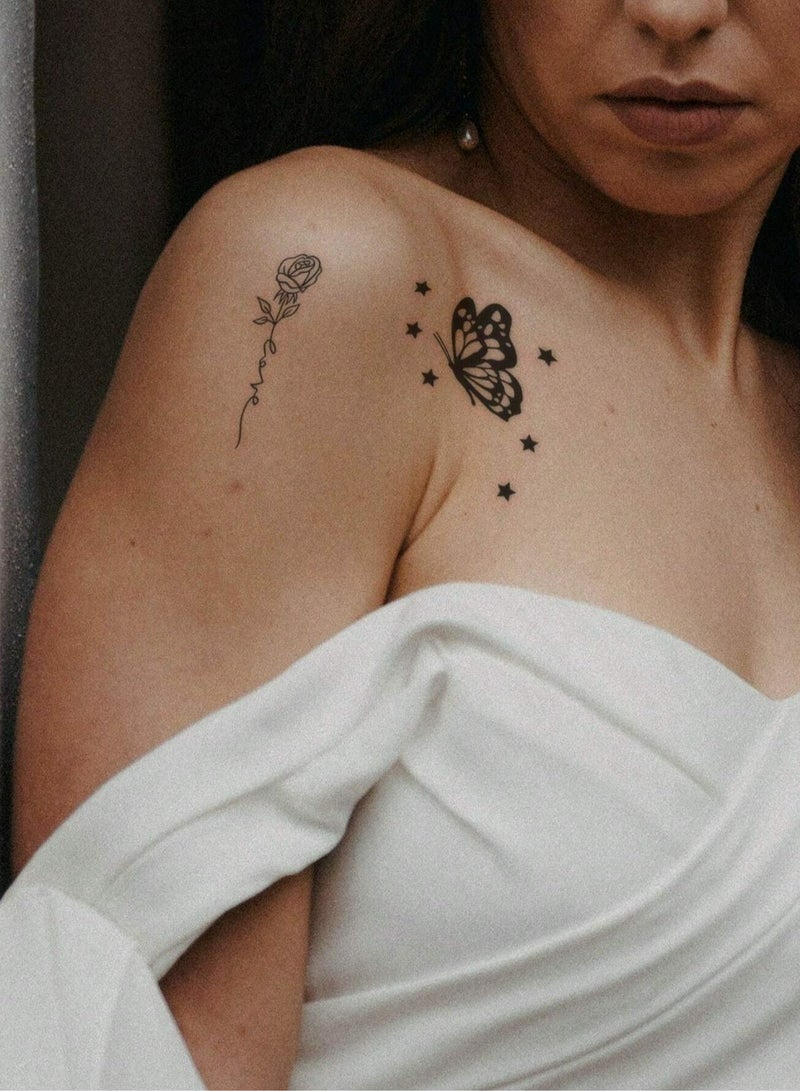 30 ملصق وشم مؤقت مقاوم للماء بتصاميم الفراشات والقلوب والمراسي والنصوص والخطوط والزهور، مناسب للأطفال والكبار والرجال والنساء - أسود - Image 5